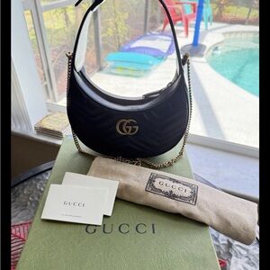 Gucci Marmont Half Moon Black Shoulder Bag with Gold Accents